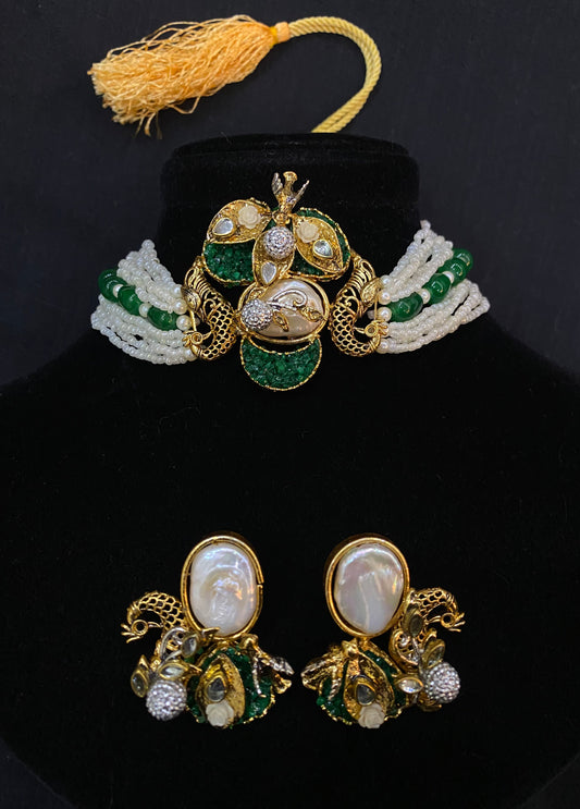 Regal Green Pearl Peacock Choker Set